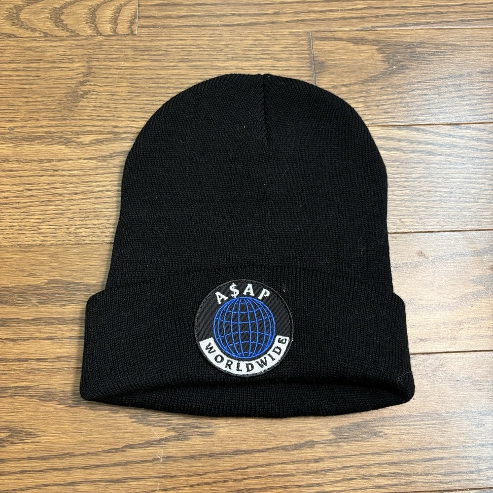 ASAP Rocky Hat Beanie Winter Feet Worldwide Black Logo Patch NYC Rap Fashion